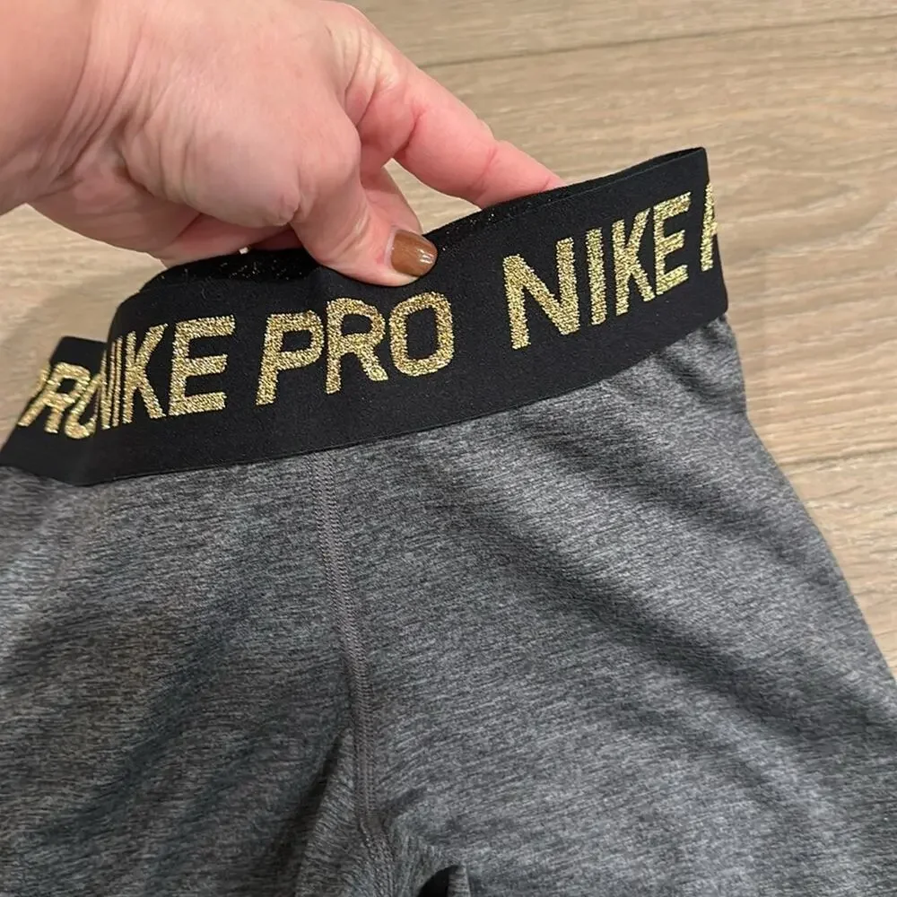 NIKE PRO Gray Warm Dri-Fit Mid Rise Gold Glitter Active‎ Yoga Leggings Size XS